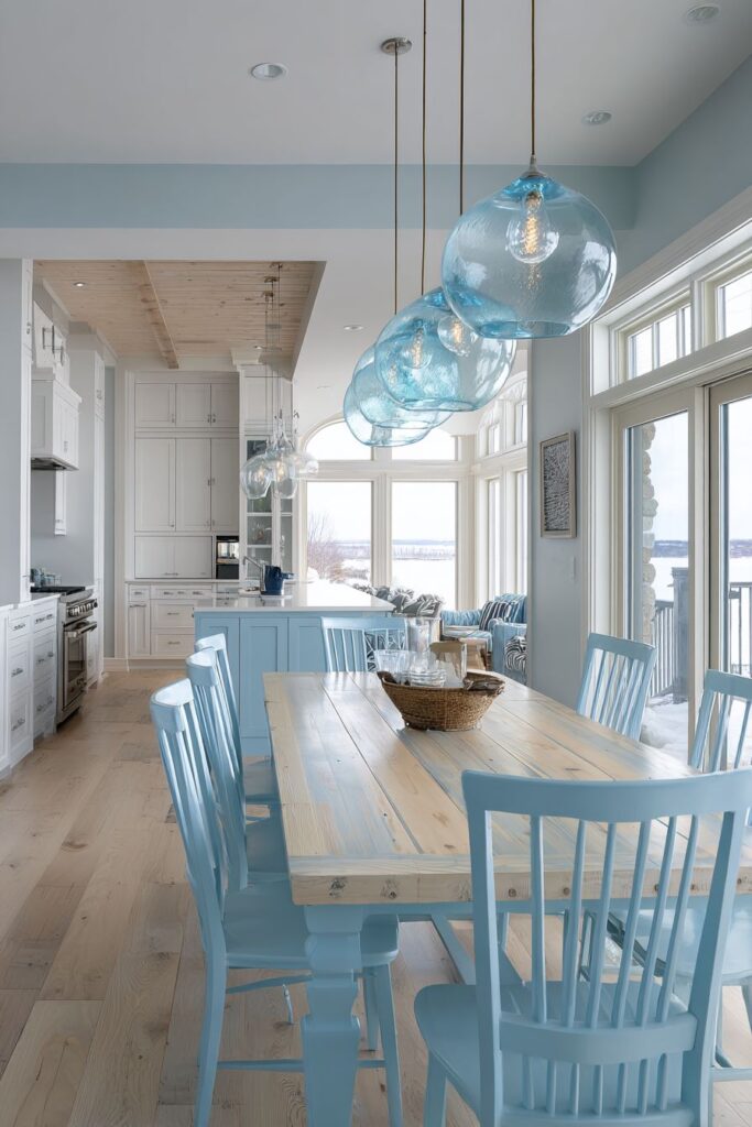 Open Concept Blue Kitchen and Dining Integration