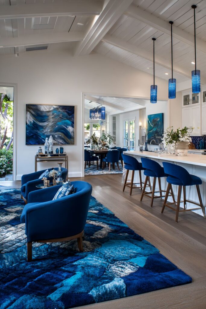 Open Concept Blue Kitchen and Dining Integration