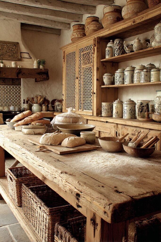 Wooden Trestle Table Island with Bread-Making Workspace