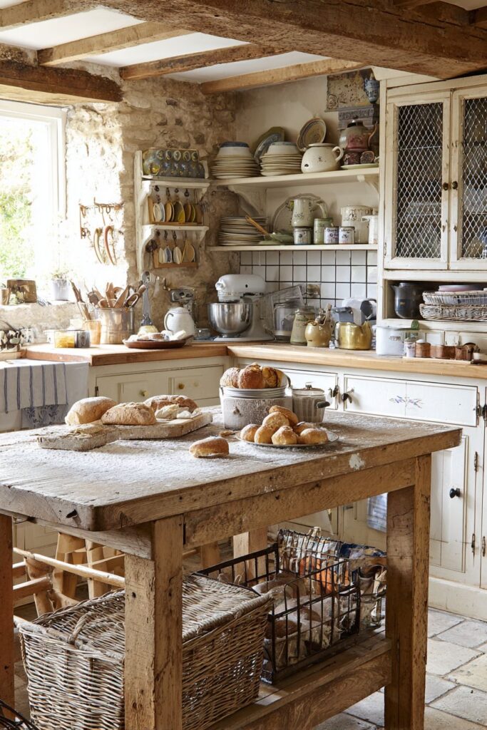 Wooden Trestle Table Island with Bread-Making Workspace