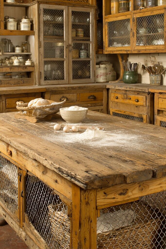Wooden Trestle Table Island with Bread-Making Workspace
