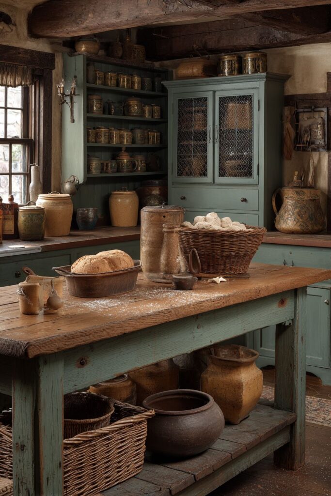 Wooden Trestle Table Island with Bread-Making Workspace