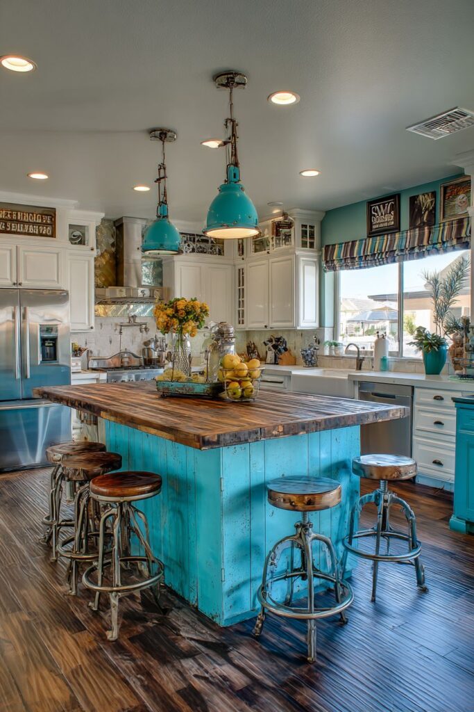 Eclectic Kitchen with Mixed Materials and Bold Colors