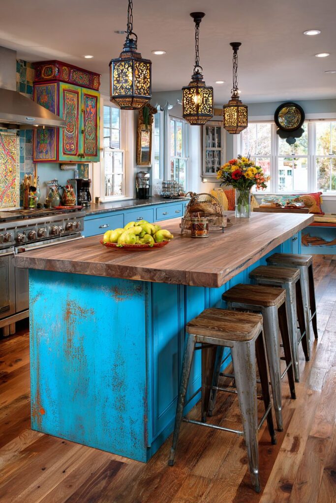 Eclectic Kitchen with Mixed Materials and Bold Colors