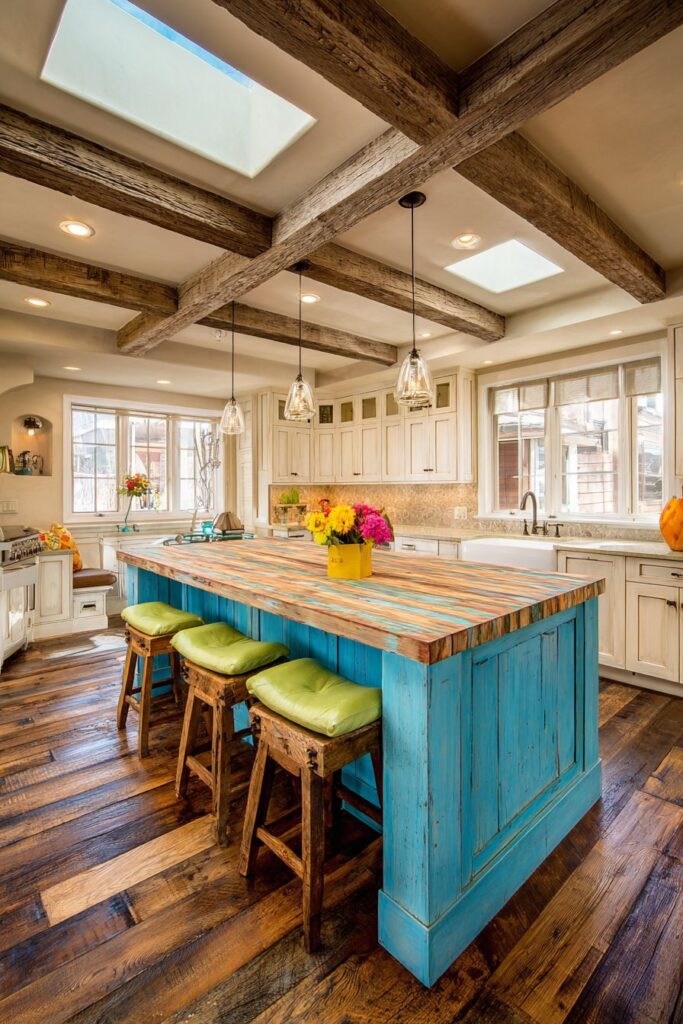 Eclectic Kitchen with Mixed Materials and Bold Colors