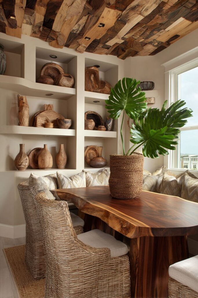 Dramatic Reclaimed Wood Ceiling with Waterfall Edge Table