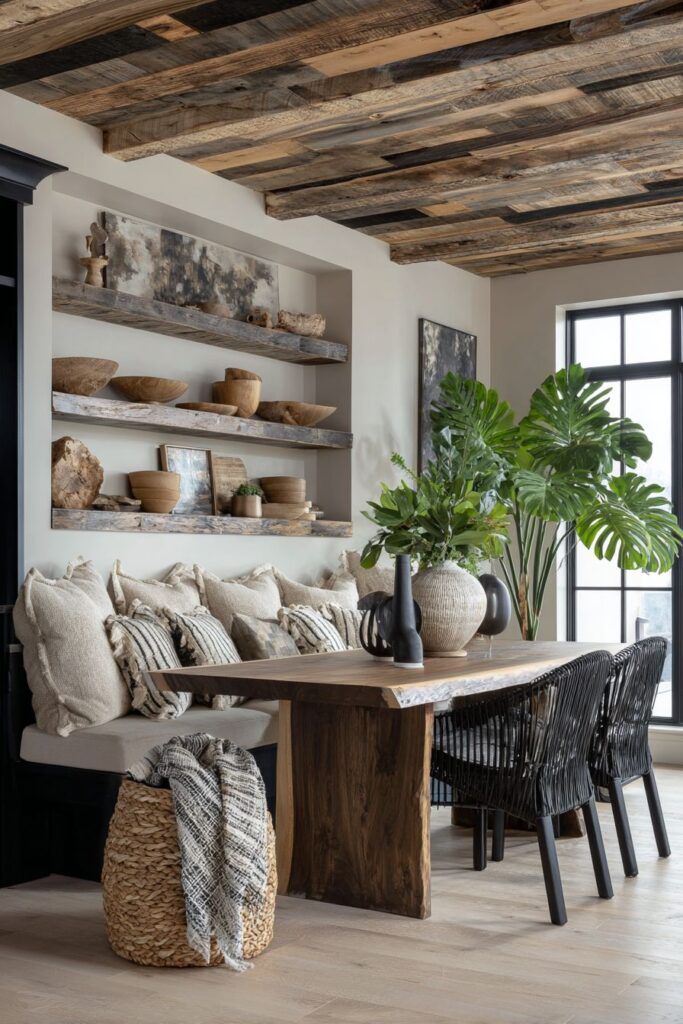 Dramatic Reclaimed Wood Ceiling with Waterfall Edge Table