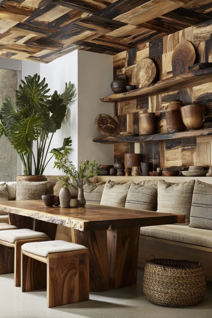 Dramatic Reclaimed Wood Ceiling with Waterfall Edge Table