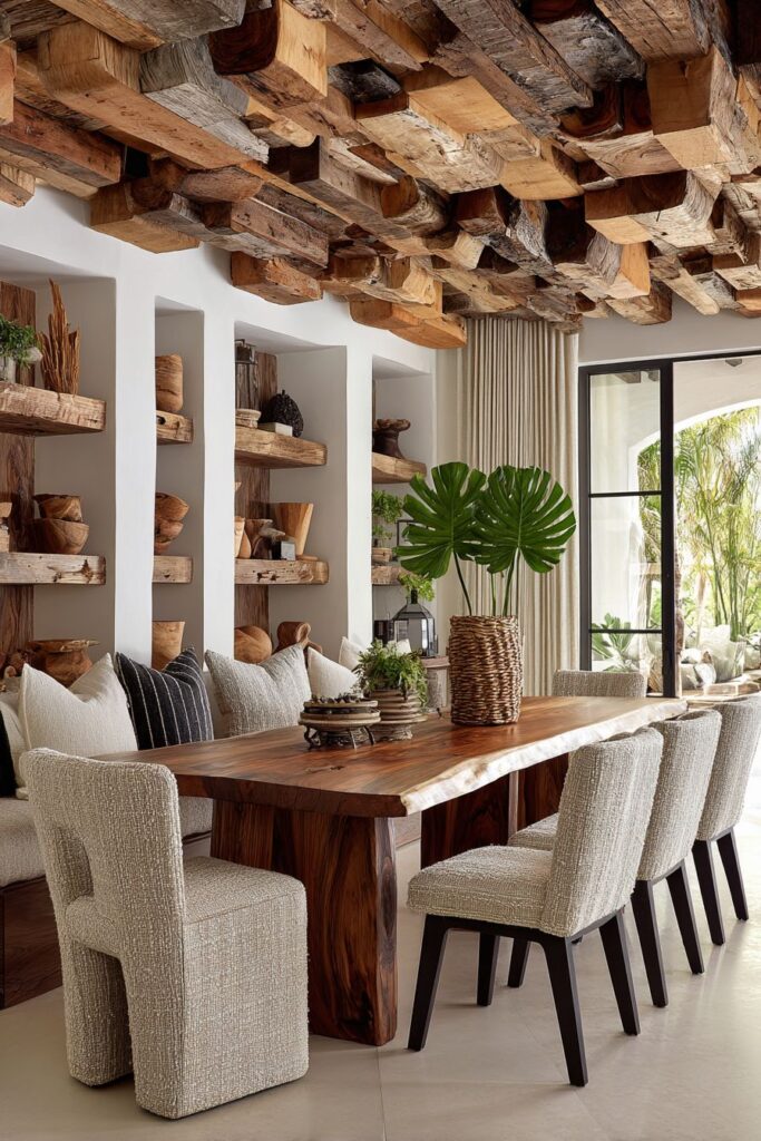 Dramatic Reclaimed Wood Ceiling with Waterfall Edge Table