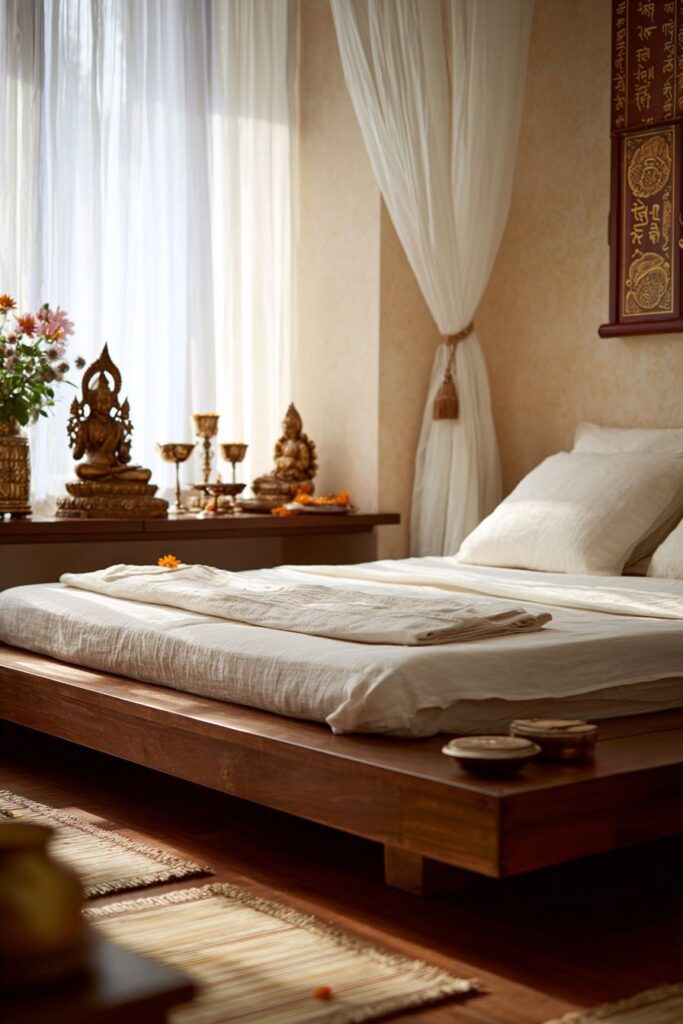 Meditation-Focused Indian Bedroom with Spiritual Sanctuary