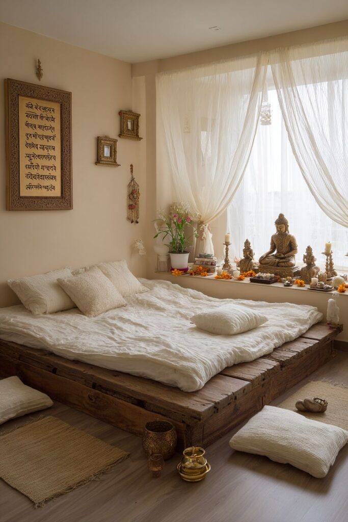 Meditation-Focused Indian Bedroom with Spiritual Sanctuary