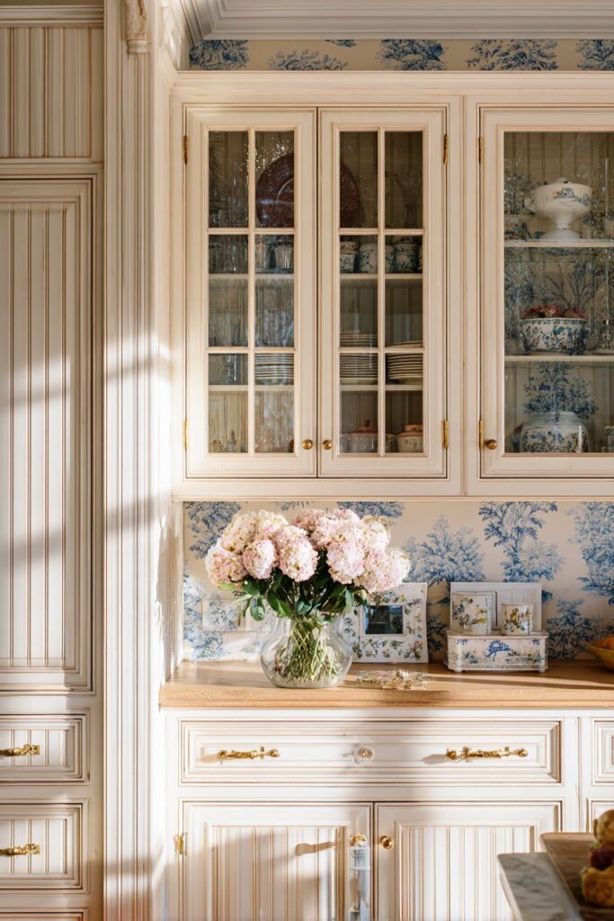 Traditional Beadboard Wainscoting with Toile Wallpaper