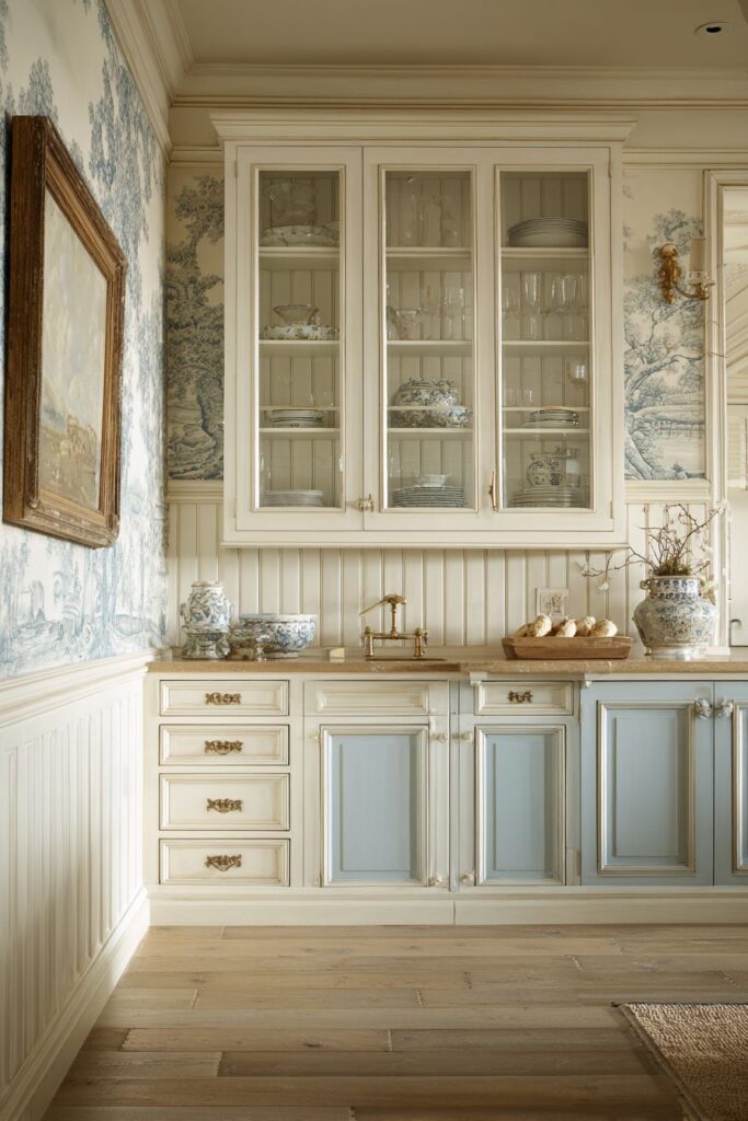 Traditional Beadboard Wainscoting with Toile Wallpaper