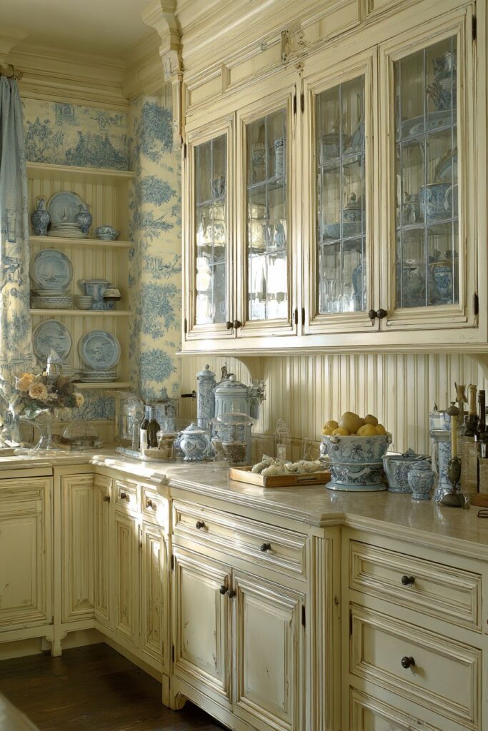 Traditional Beadboard Wainscoting with Toile Wallpaper