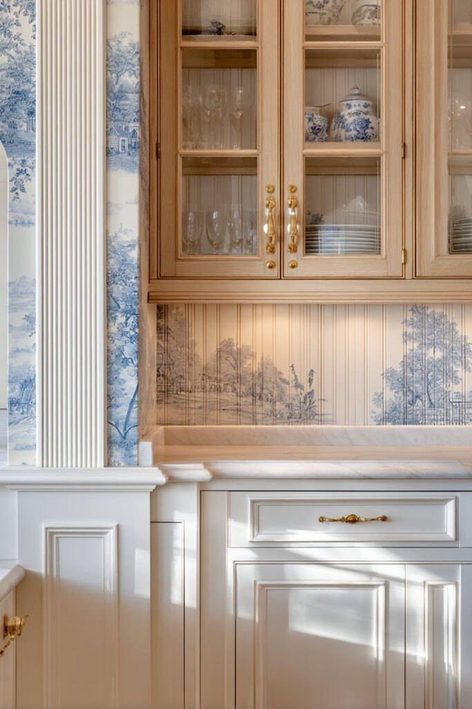 Traditional Beadboard Wainscoting with Toile Wallpaper