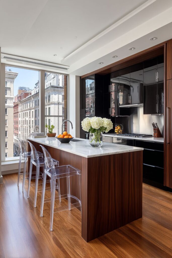 Sleek Urban Kitchen with High-Gloss Black Island