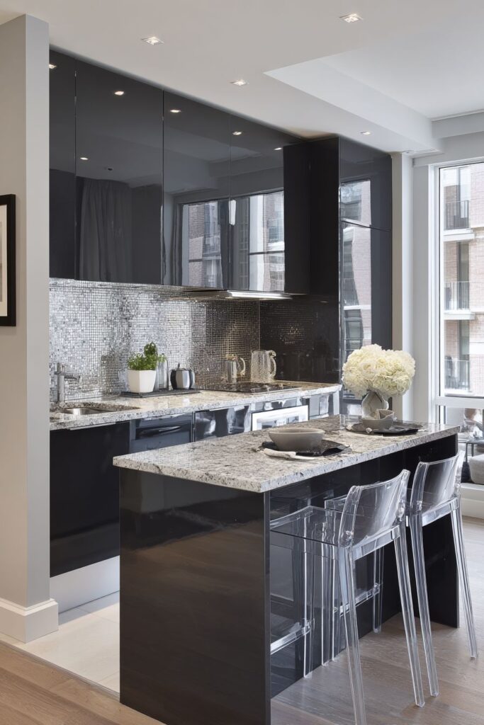 Sleek Urban Kitchen with High-Gloss Black Island