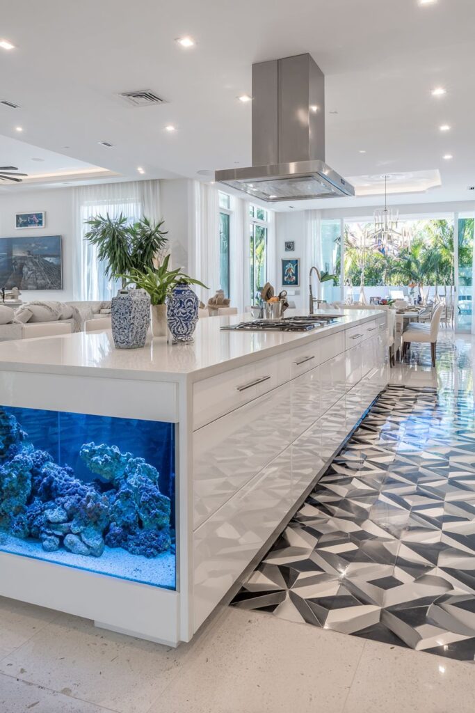 Geometric Floor Pattern with Aquarium Island Feature