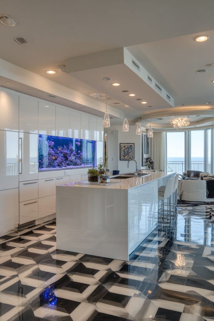 Geometric Floor Pattern with Aquarium Island Feature