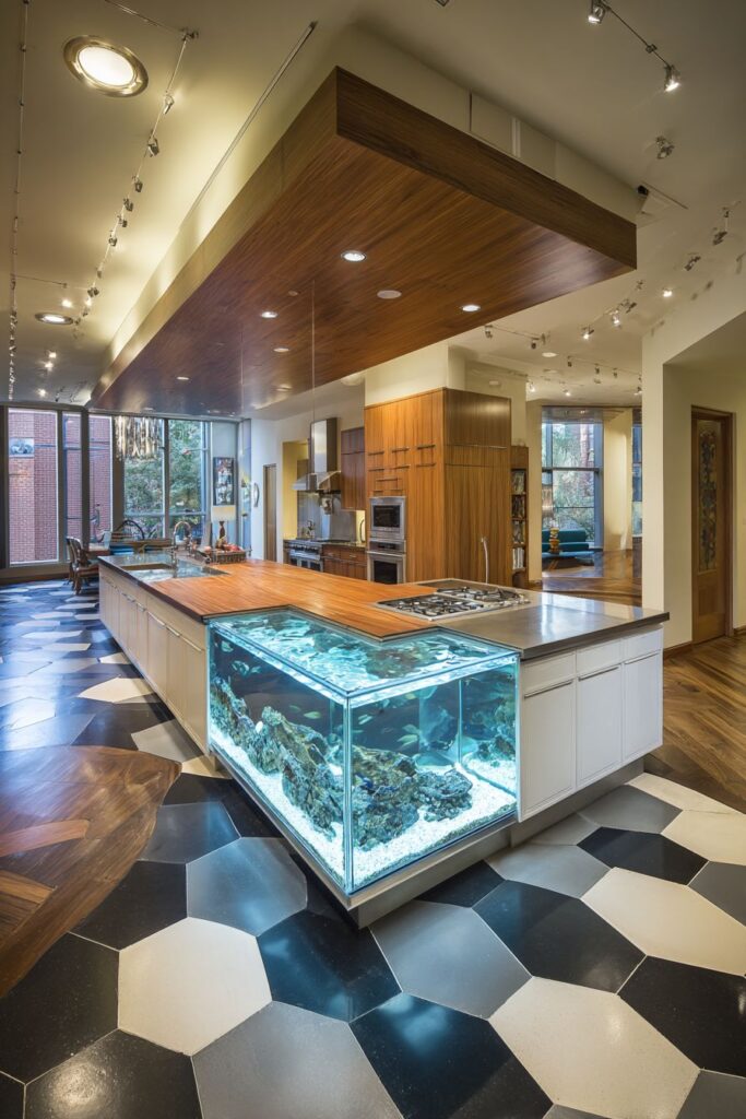 Geometric Floor Pattern with Aquarium Island Feature