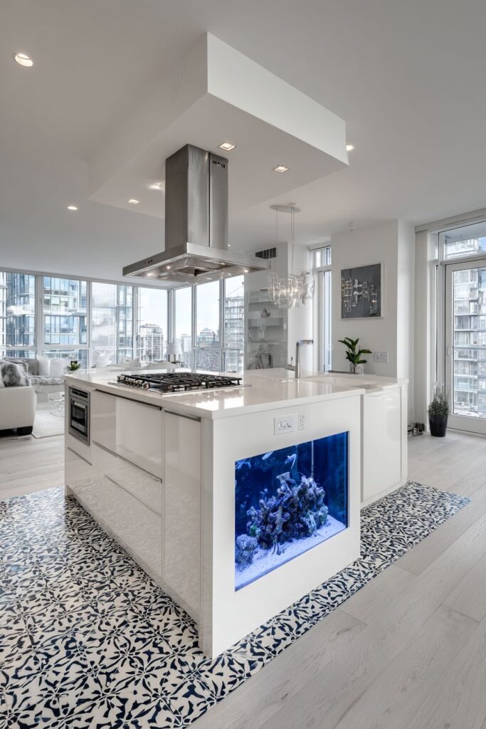 Geometric Floor Pattern with Aquarium Island Feature