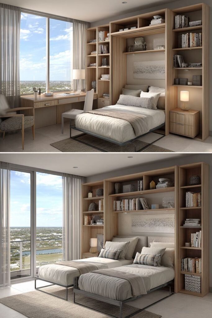 Wall-Mounted Fold-Down Beds with Desk Integration