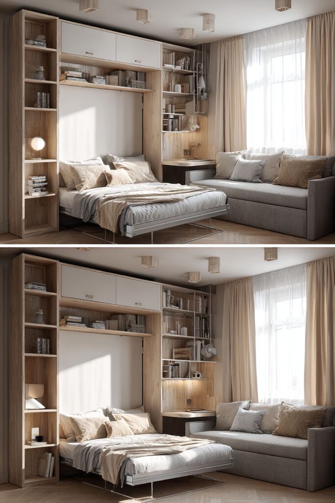 Wall-Mounted Fold-Down Beds with Desk Integration