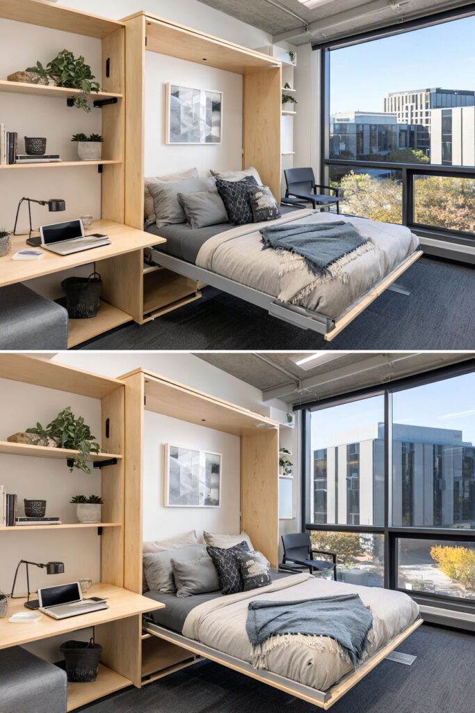 Wall-Mounted Fold-Down Beds with Desk Integration