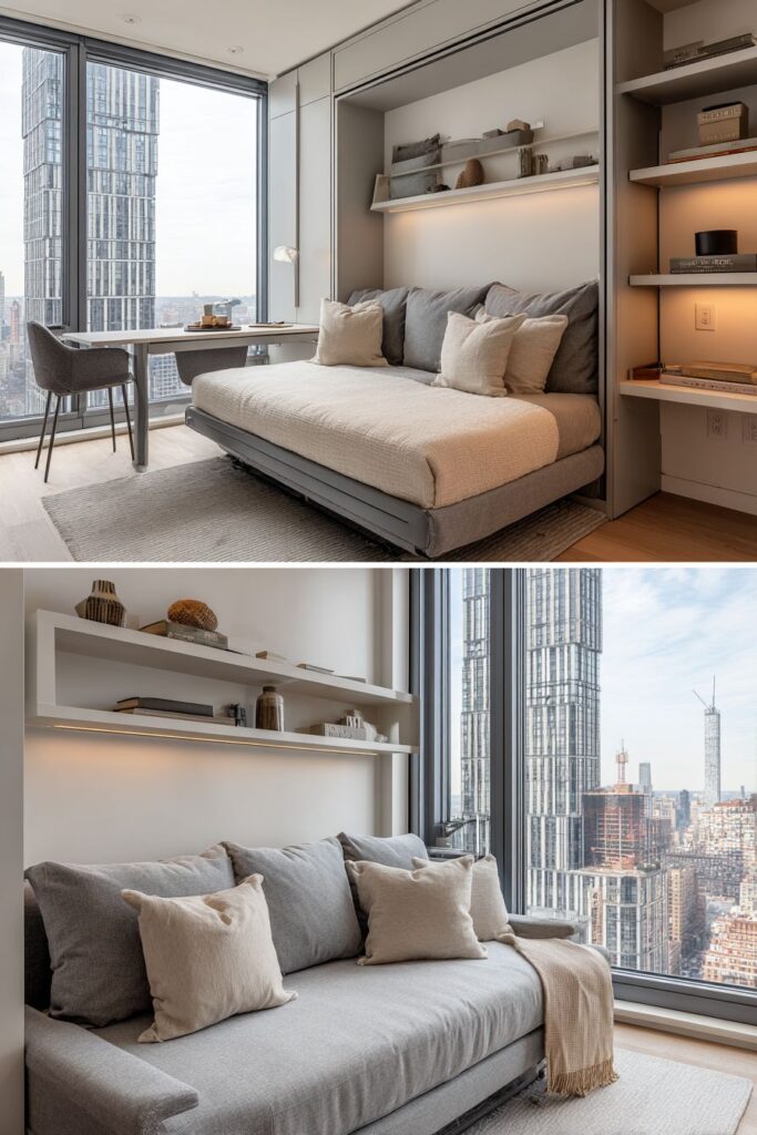 Wall-Mounted Fold-Down Beds with Desk Integration