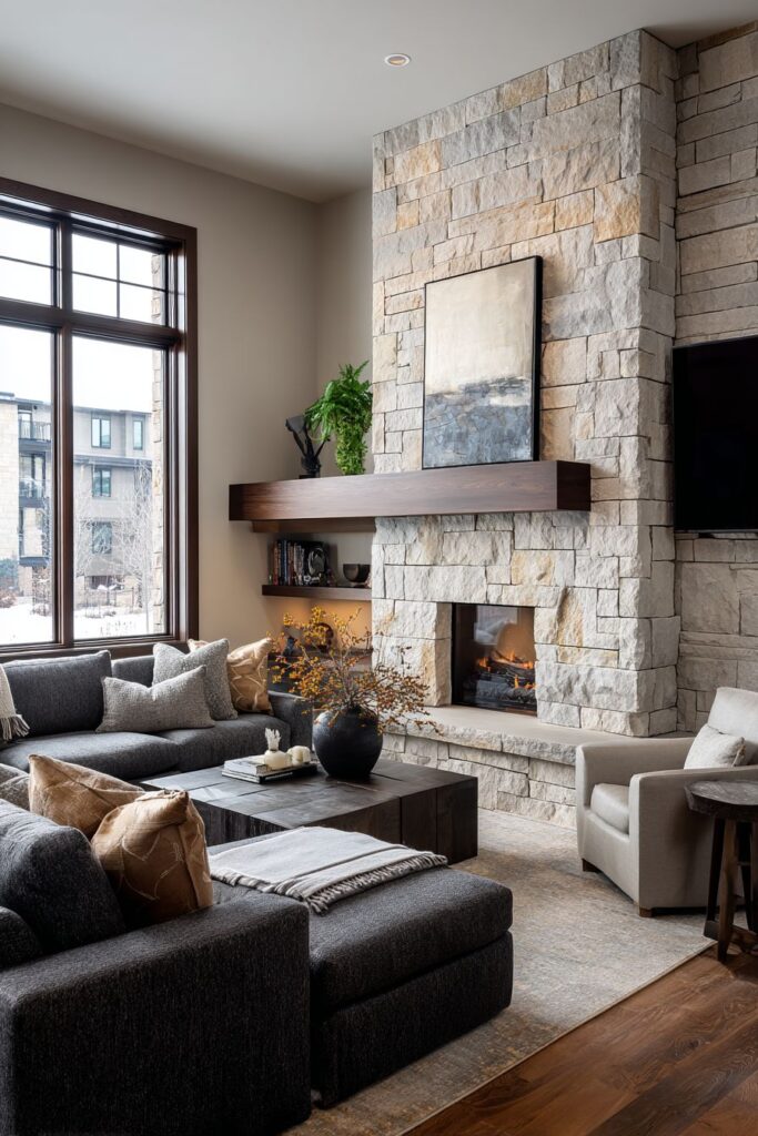 Floating Hearth Stone Fireplace with Swivel Seating