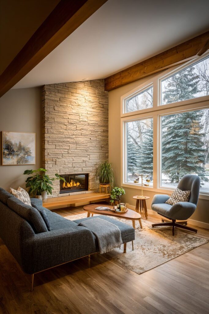 Floating Hearth Stone Fireplace with Swivel Seating