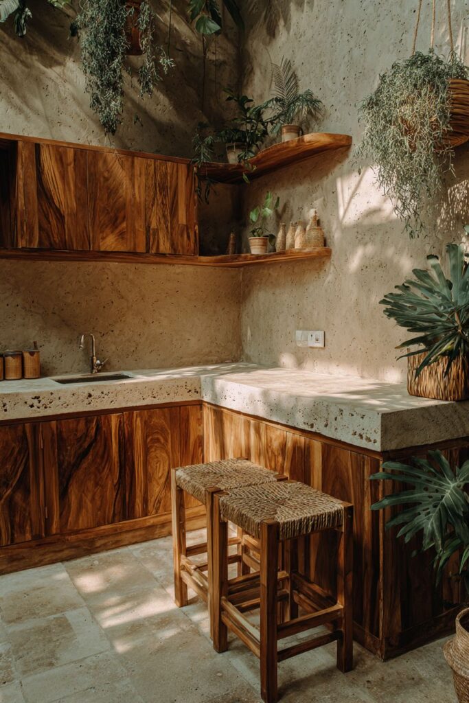 Teak and Travertine Natural Partnership