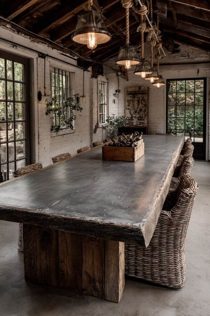 Zinc-Topped Table with Industrial-Natural Material Mix