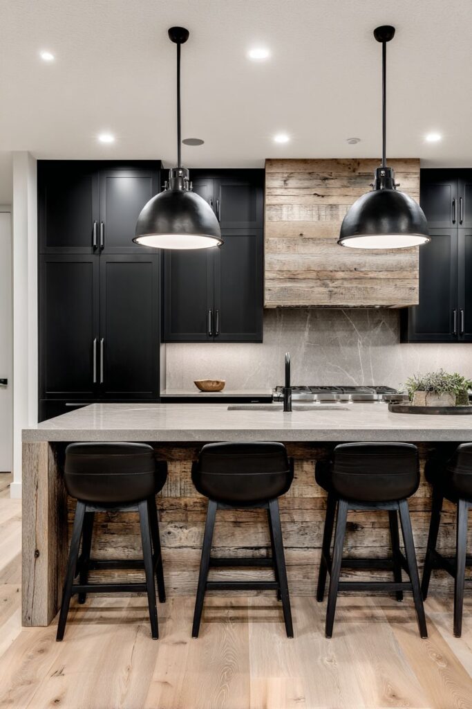 Contemporary Black Kitchen Island with Reclaimed Oak Waterfall Edge