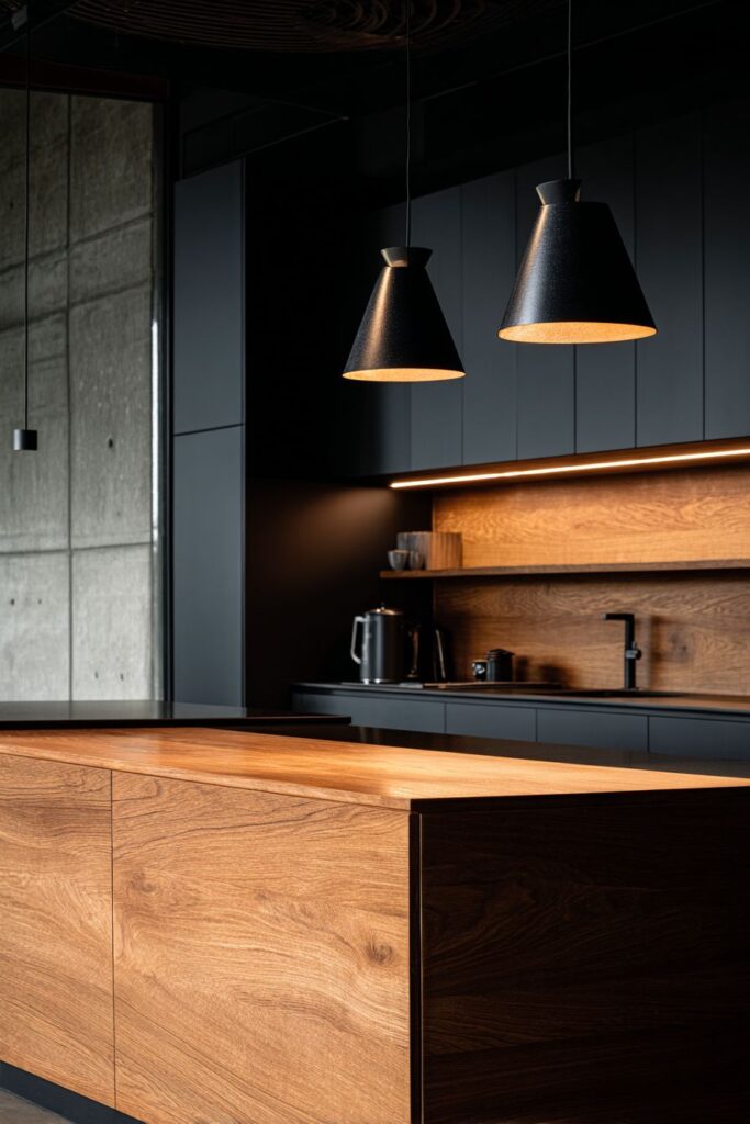 Contemporary Black Kitchen Island with Reclaimed Oak Waterfall Edge