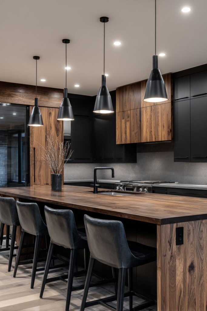Contemporary Black Kitchen Island with Reclaimed Oak Waterfall Edge