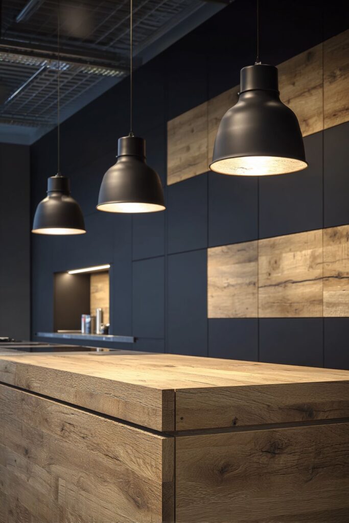 Contemporary Black Kitchen Island with Reclaimed Oak Waterfall Edge