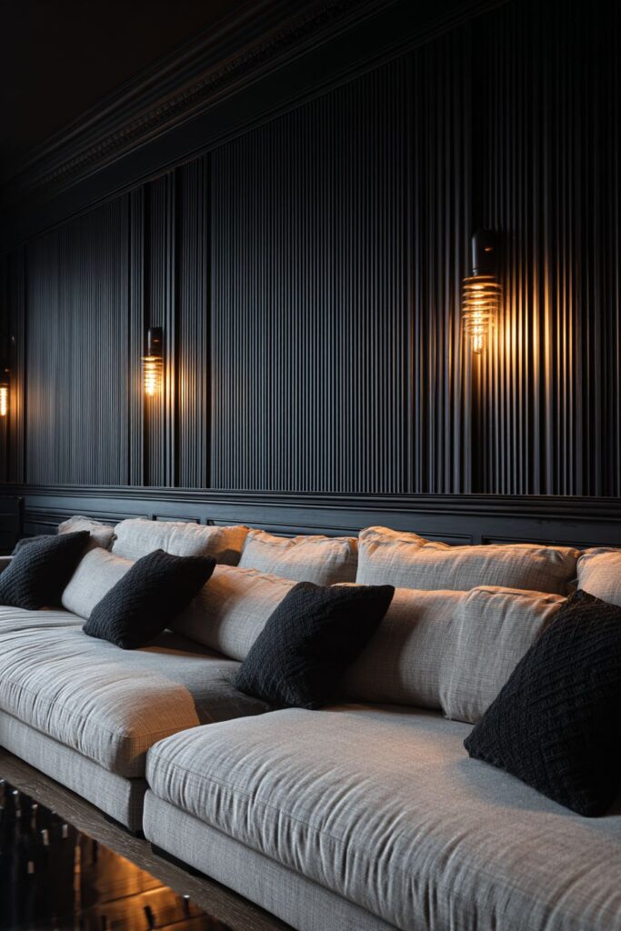 Dramatic Black Accent Wall with Vertical Wood Paneling