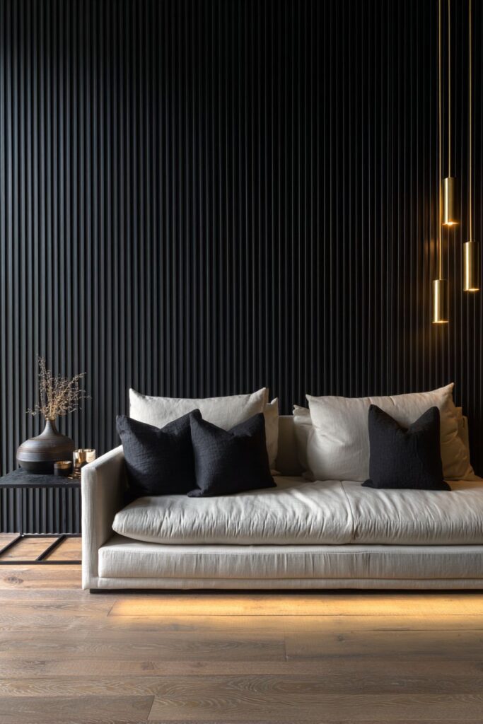 Dramatic Black Accent Wall with Vertical Wood Paneling