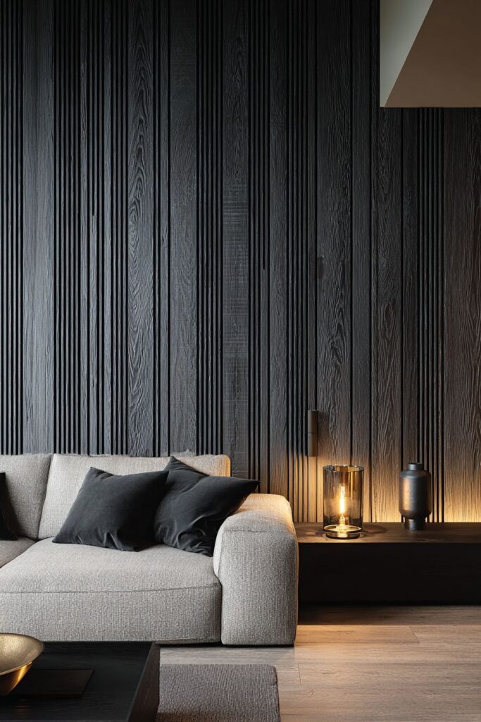 Dramatic Black Accent Wall with Vertical Wood Paneling