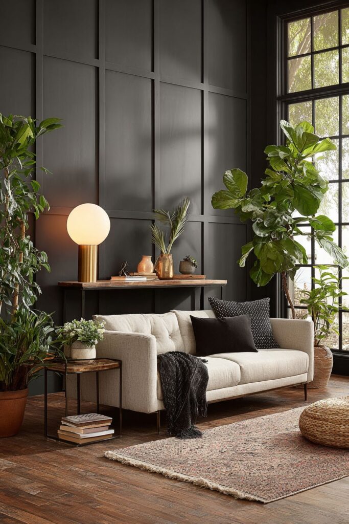 Dramatic Black Accent Wall with Vertical Wood Paneling