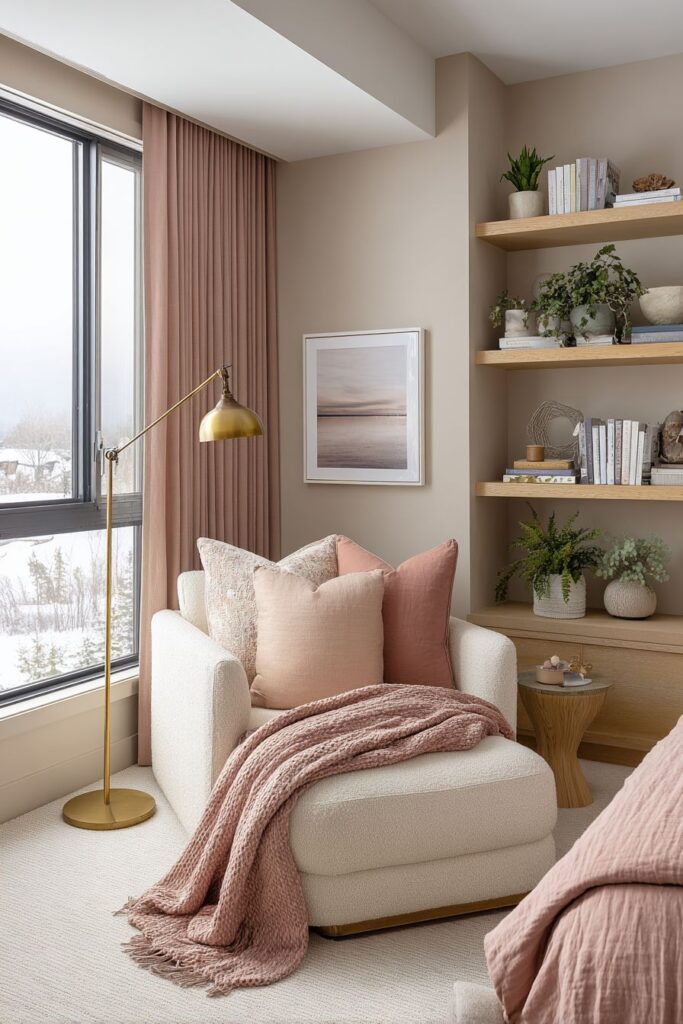 Cozy Reading Nook with Dusty Rose Curtains