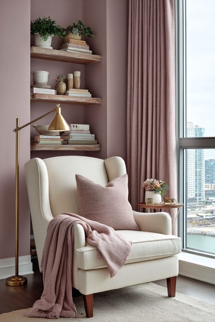 Cozy Reading Nook with Dusty Rose Curtains
