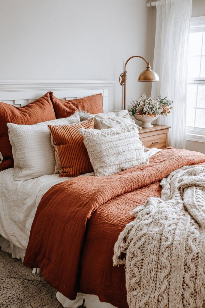 Layered Bed Styling with Autumn Textile Richness