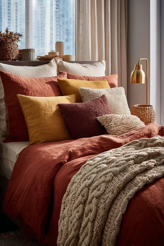 Layered Bed Styling with Autumn Textile Richness
