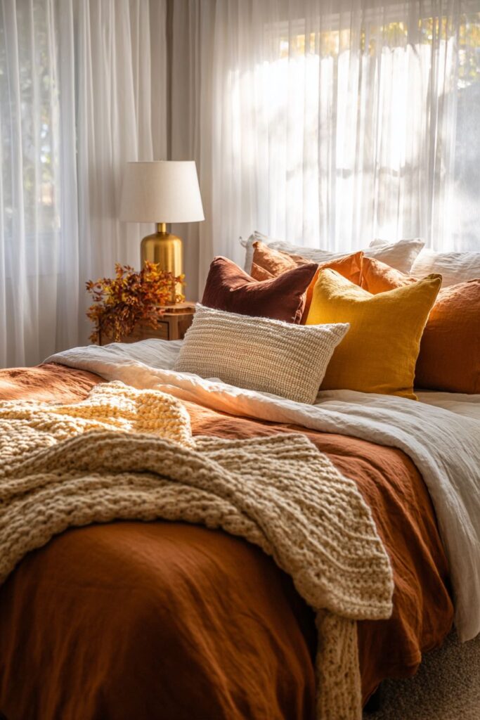 Layered Bed Styling with Autumn Textile Richness