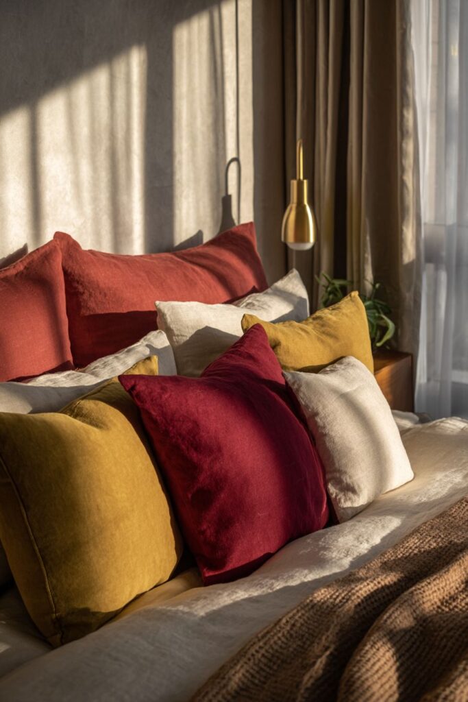 Layered Bed Styling with Autumn Textile Richness