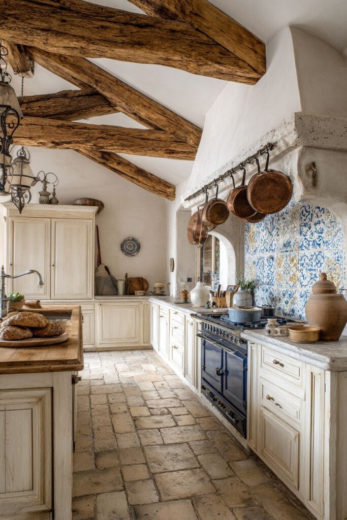 Exposed Oak Beams with Hand-Painted Ceramic Tiles
