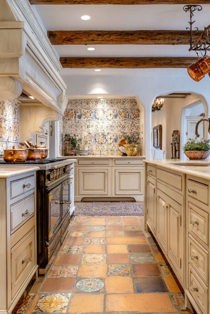 Exposed Oak Beams with Hand-Painted Ceramic Tiles