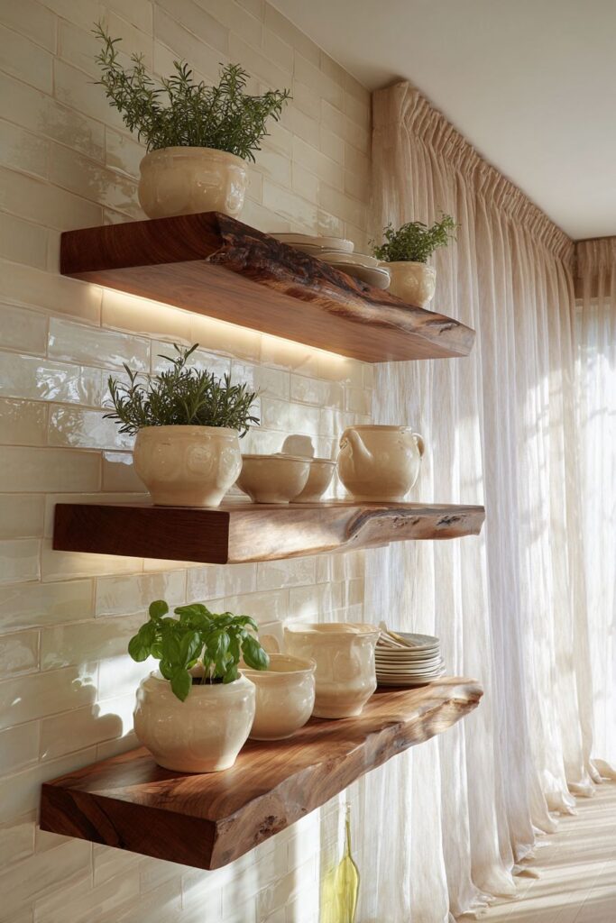 Live-Edge Walnut Floating Shelves with Ceramic Display